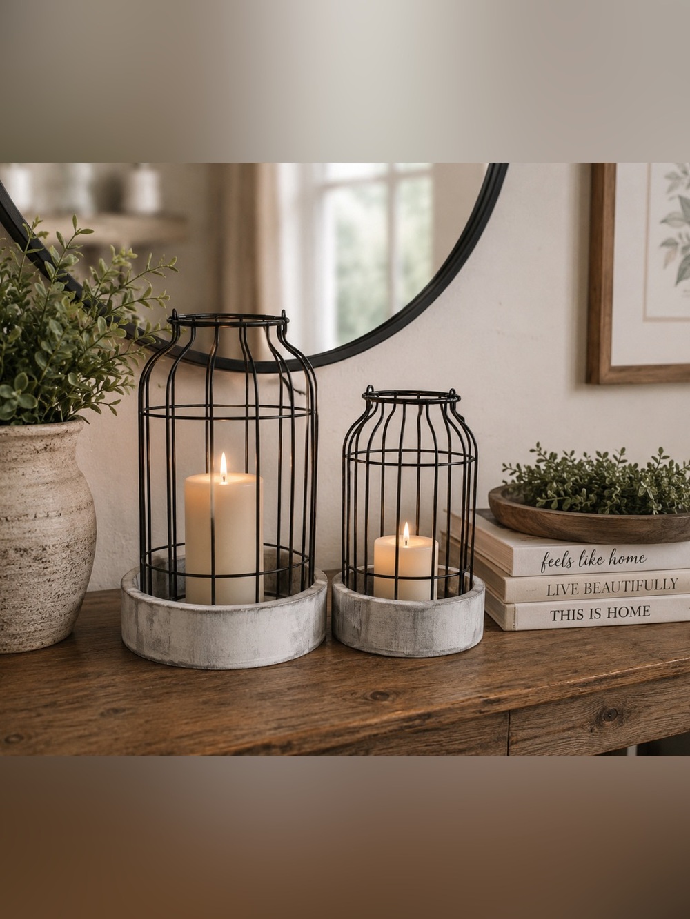 Black Metal Cage Candle Lantern with Distressed Wood Base - Set of 2